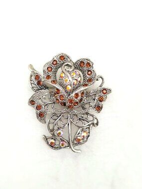 Vintage Pin Rose White Brown Crystals Brooch 2" L